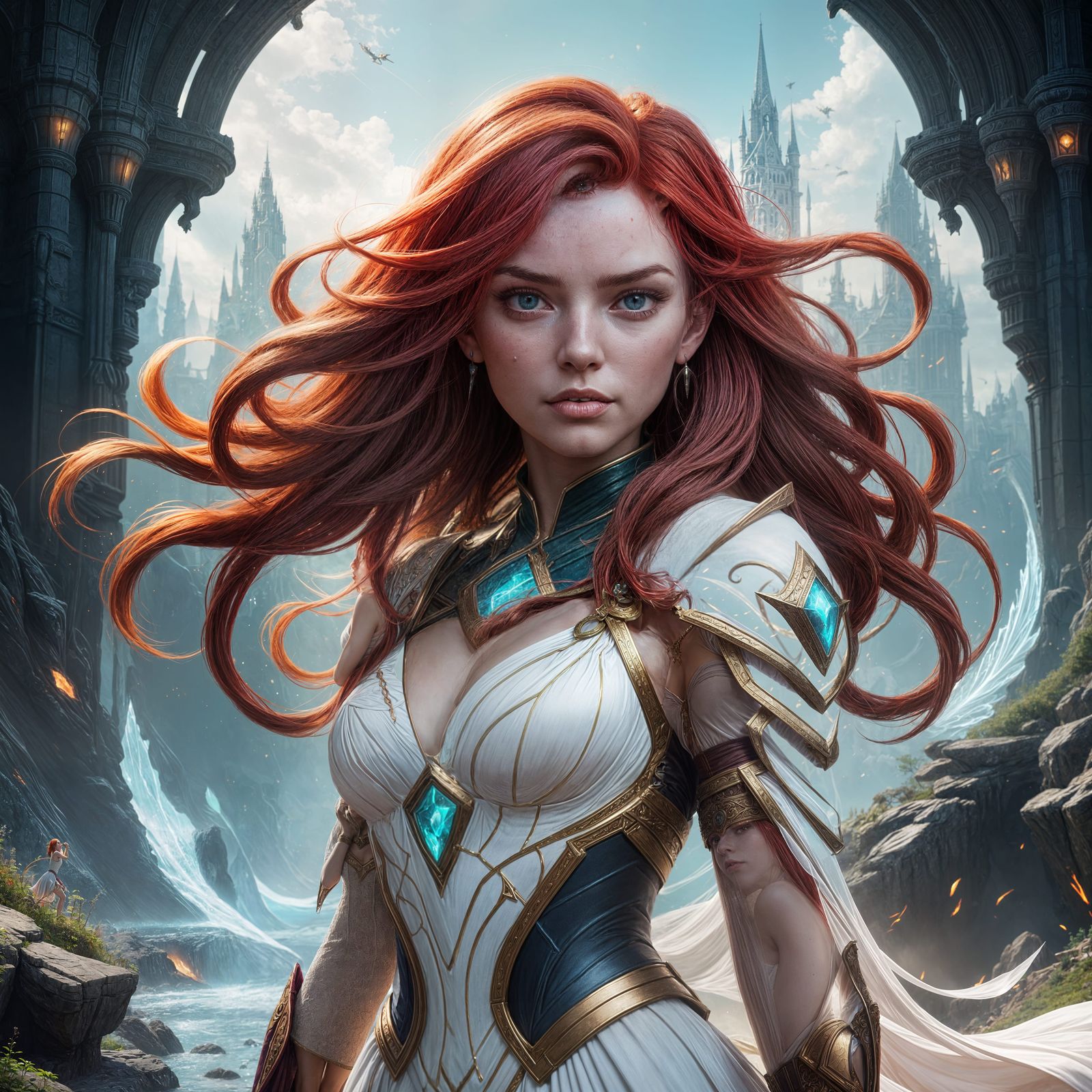 Fantastical Lady in Ariel Hairstyle, White Dress, with Deep....