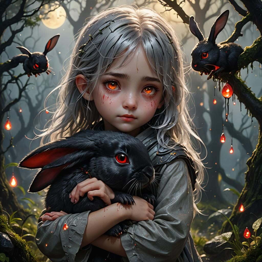 Girl with Silver Hair Hugging Rabbit in Magical Forest