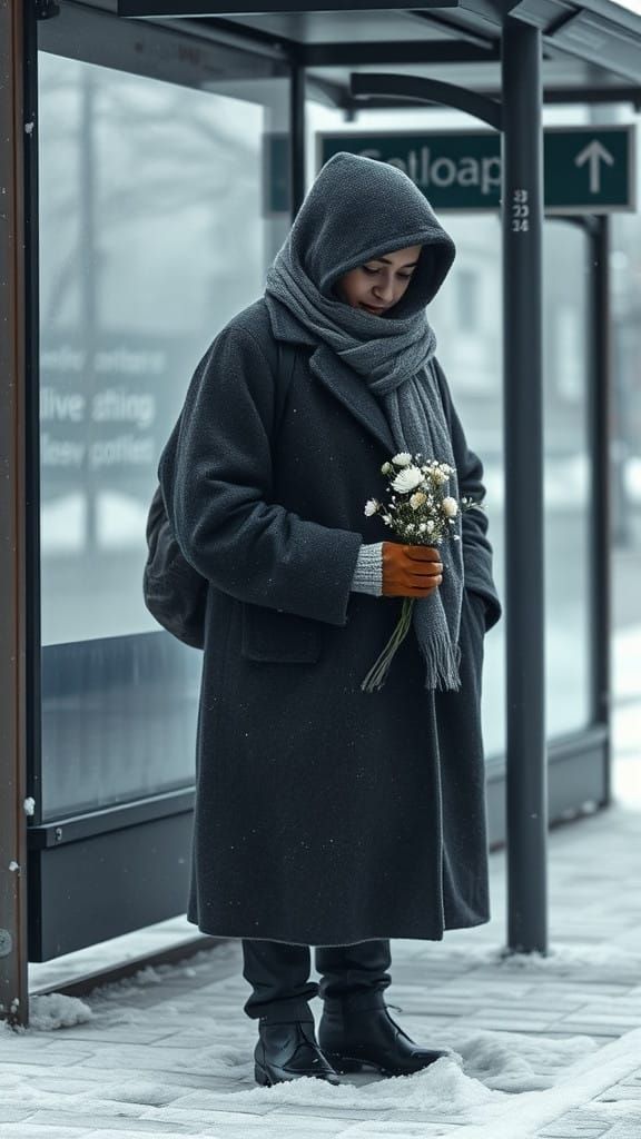 Bundled Figure Waits at Bus Stop, Holding Delicate Winter Fl...