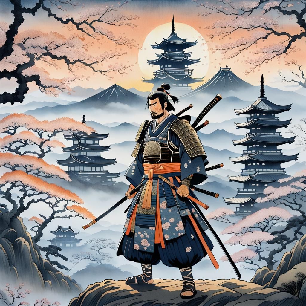 Samurai on Misty Hilltop in Ukiyo-e Style