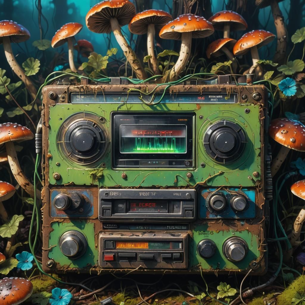 Petrol Cassette Player in a Glowing Mushroom Landscape