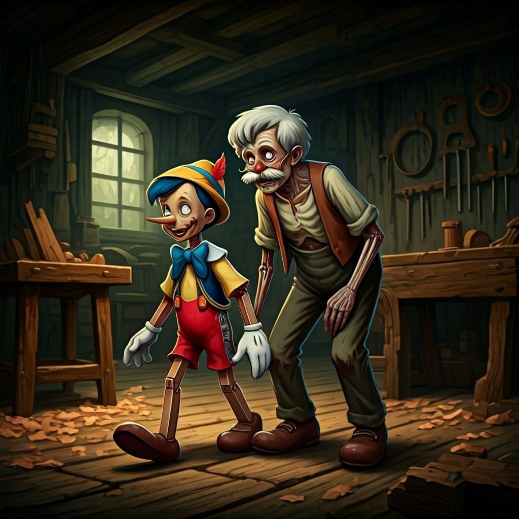 Undead Pinocchio and Geppetto in Gothic Horror Style