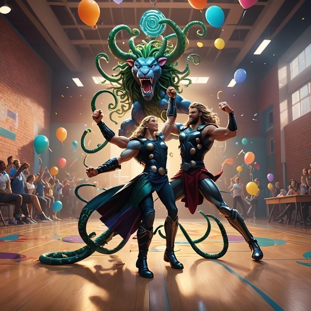 Medusa and Thor at Halloween Dance, 3D Art