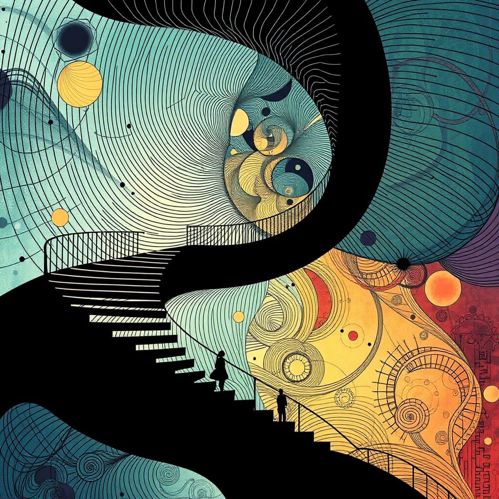 Abstract Expressionist Dreamscape with Spirals and Silhouett...