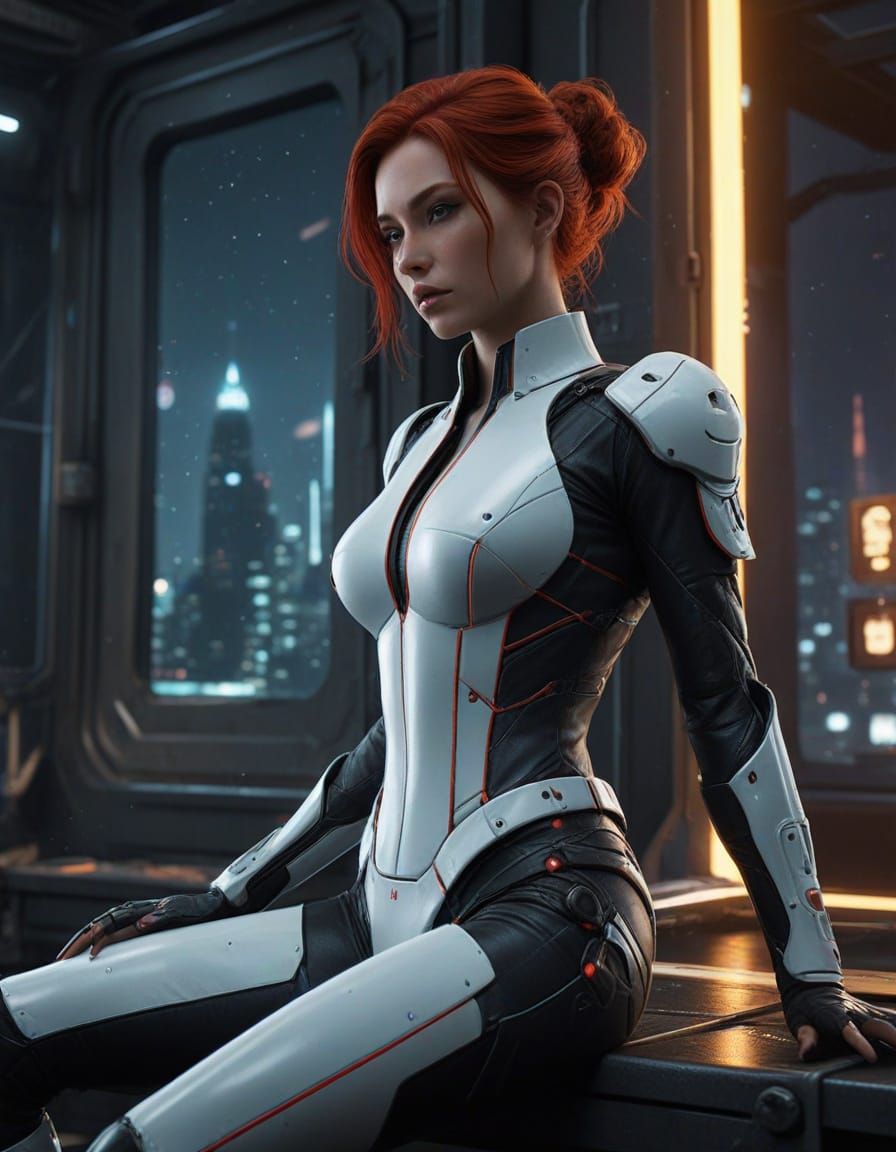 Mysterious Sci-Fi Woman in Futuristic Office