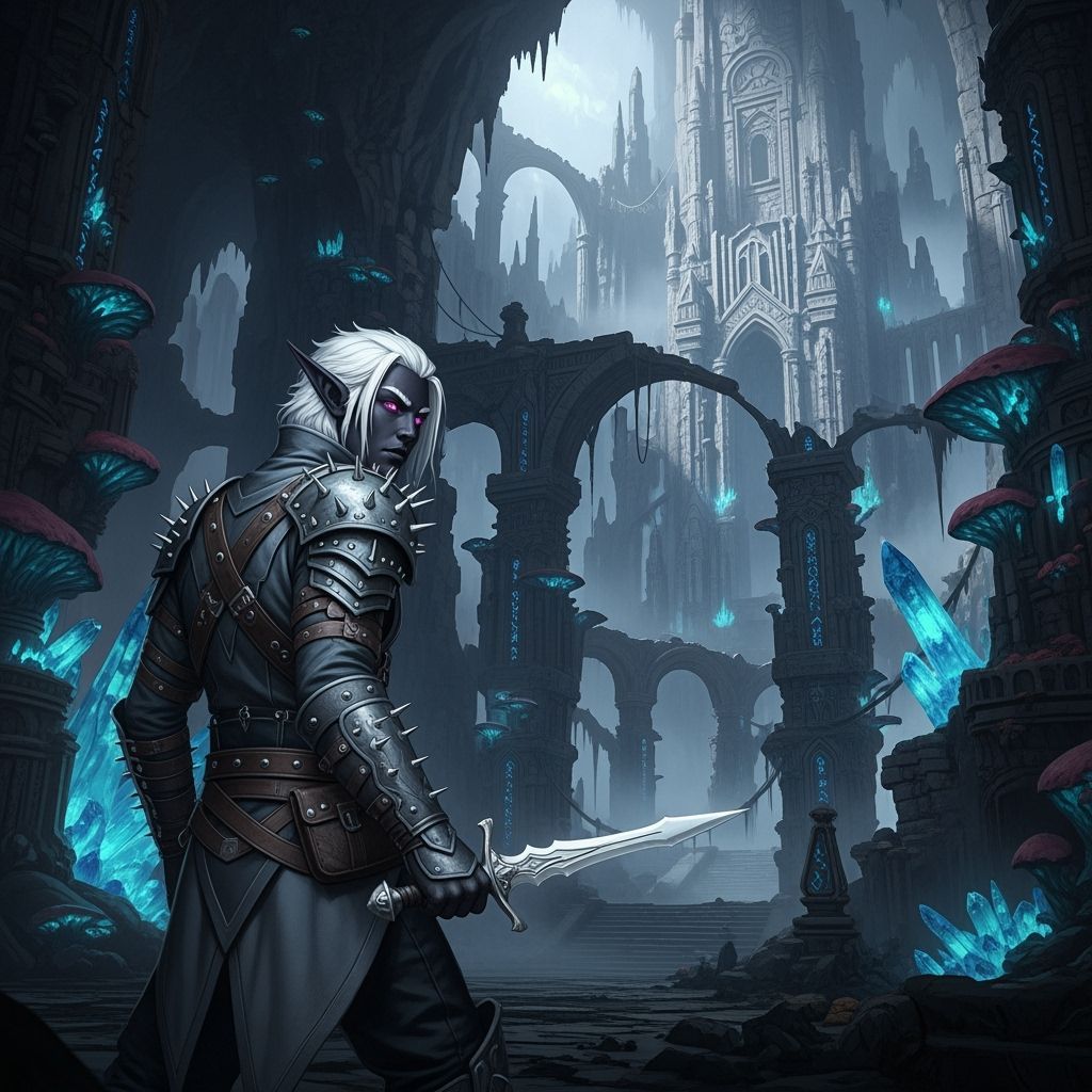 Drow Elf Rogue in Subterranean City: Digital Matte Painting