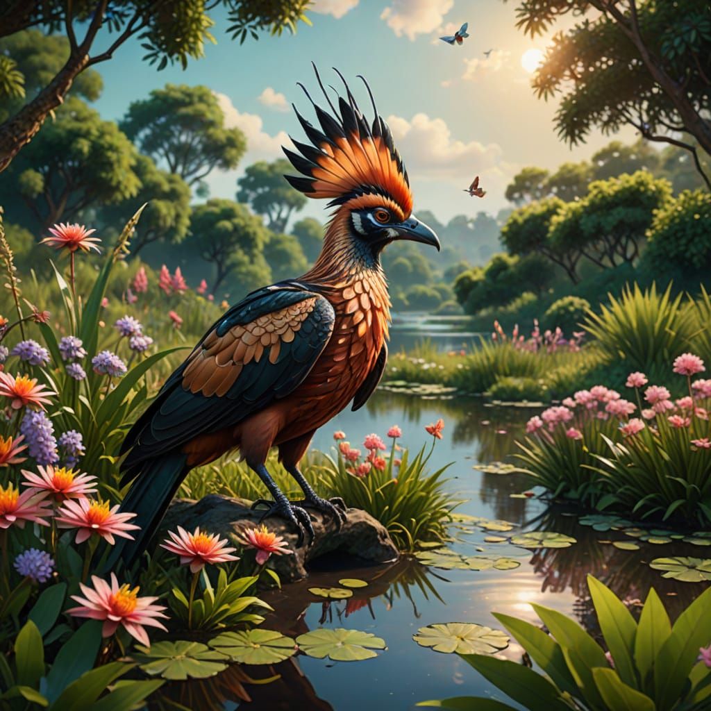 Fantasy Hoatzin in Vibrant Meadower Landscape with Iridescen...