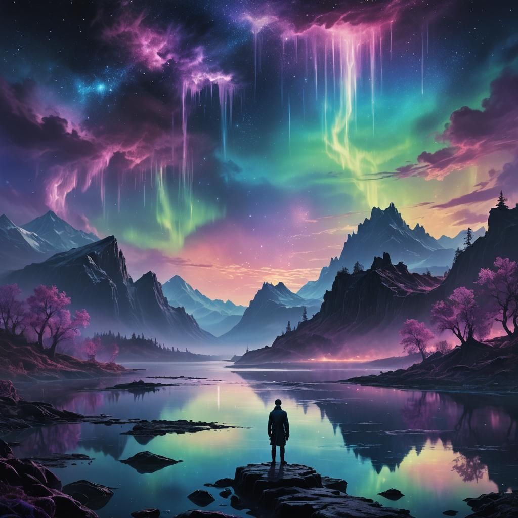 Mystical Lake: Fantasy Landscape with Glowing Auroras