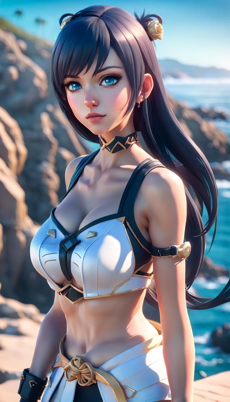 Anime Woman on California Coast in Genshin Impact Style