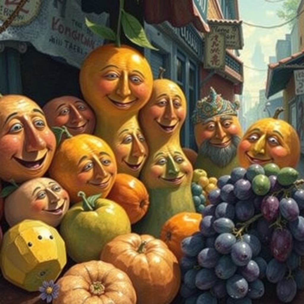 Vibrant Fruits in Surreal Street Scene, Inspired by Chagall ...