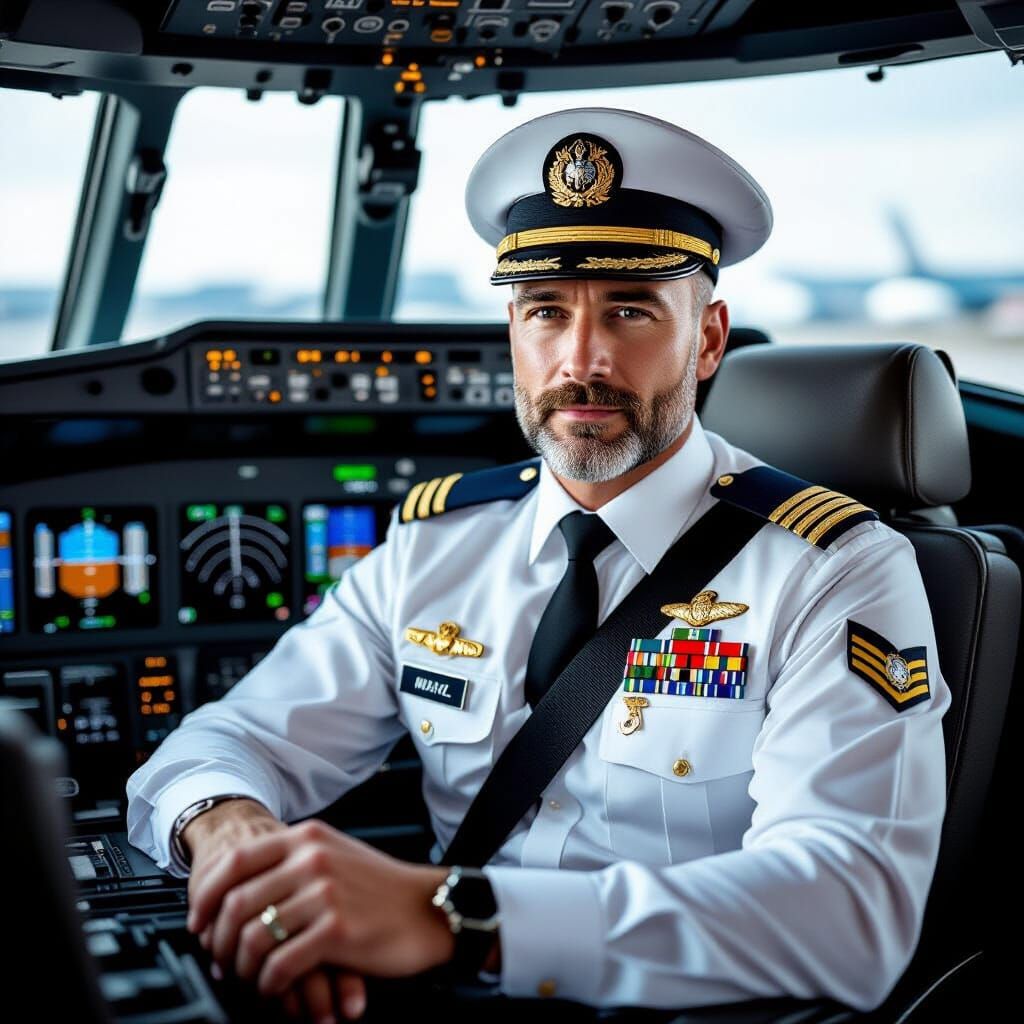 Frightened Airline Captain in Cockpit, Superrealistic Style
