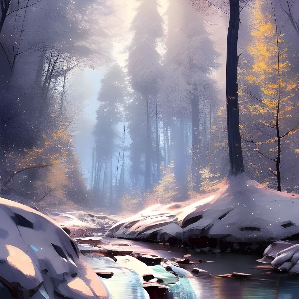 Golden Light Illuminates Snowy Forest, Anime Art