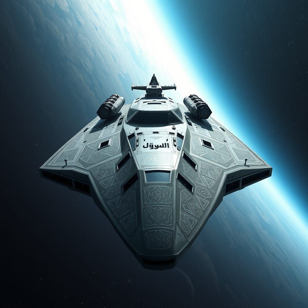 Spaceship with Islamic Pattern Crosses Deep Space