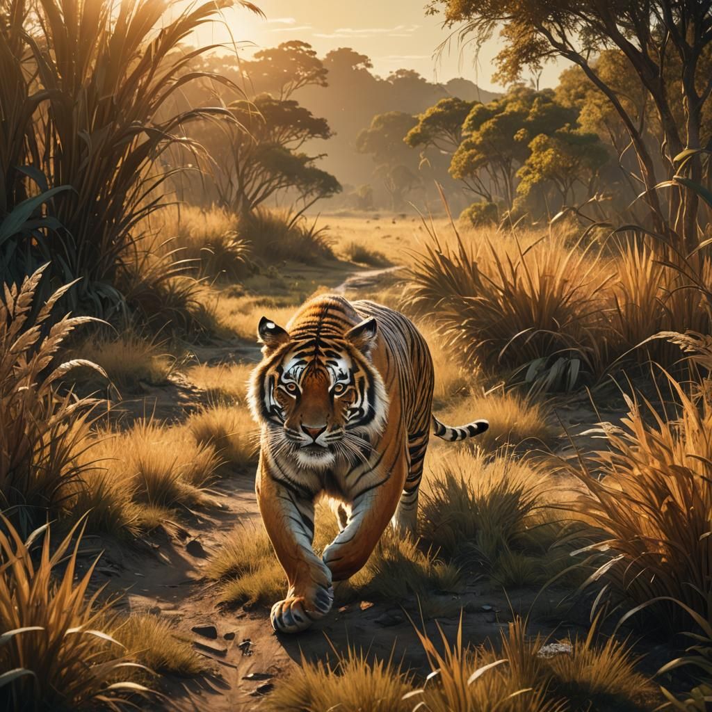 Golden Tiger Running in Africa, Matte Painting