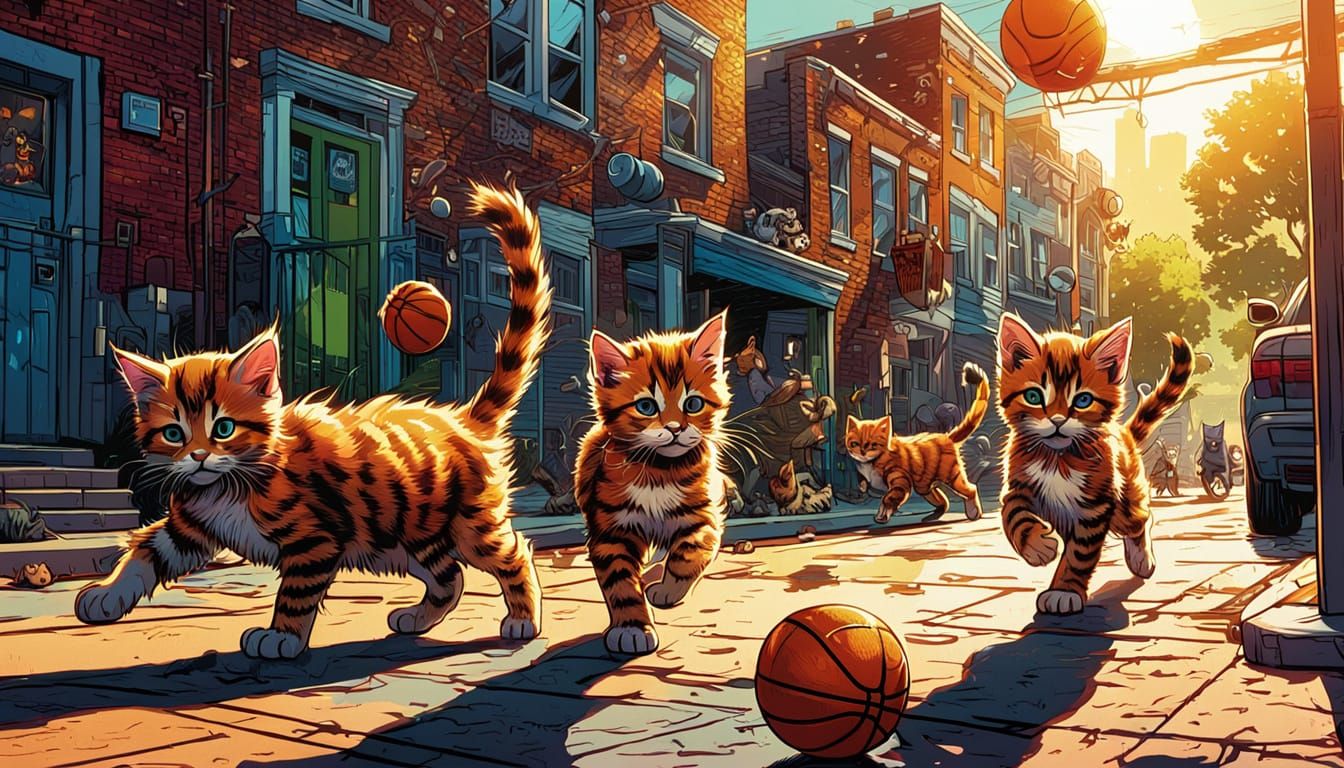 Kittens Play Basketball: Comic Book Style Street Art