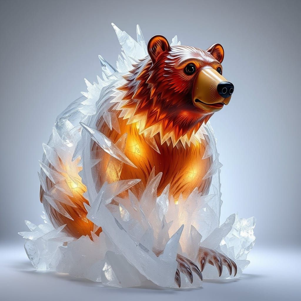 Glass Sculpture of Majestic Brown Bear in Ethereal Light
