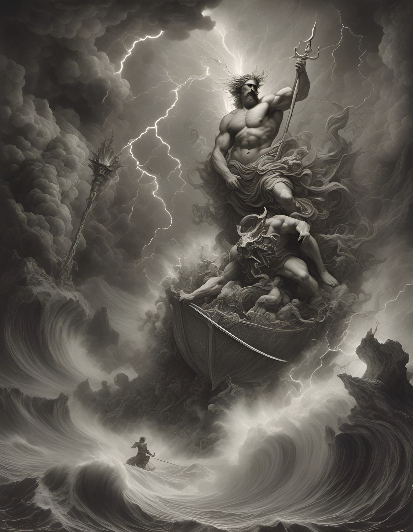 Poseidon Unleashes Storm in Epic Pencil Drawing