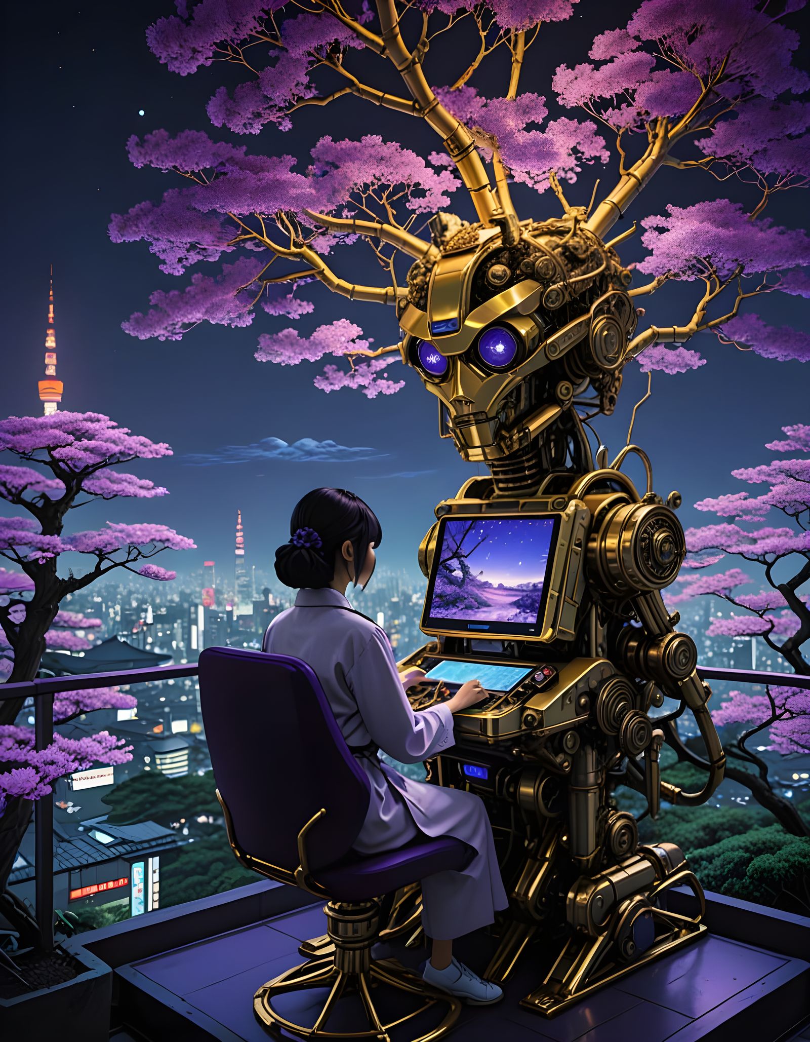 Futuristic Robot Schoolgirl in Neon Tokyo