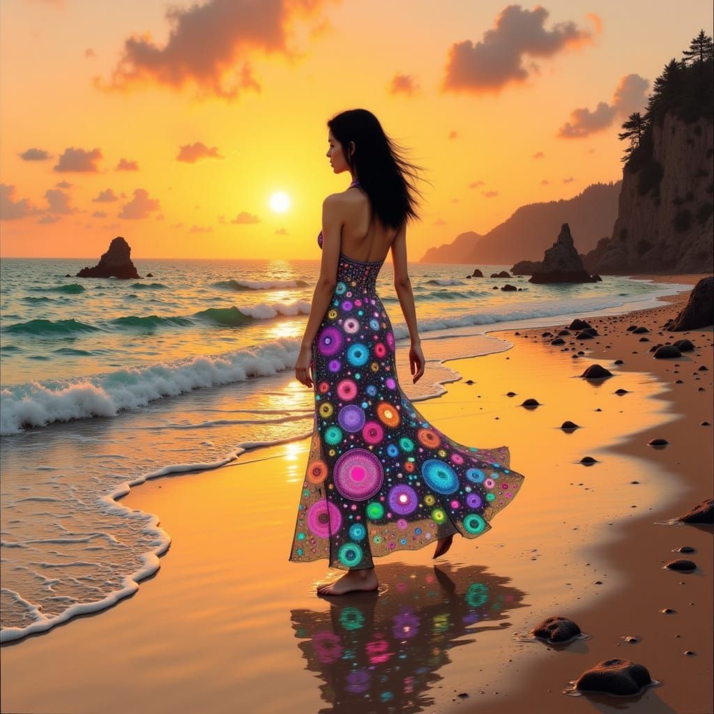 Elegant Woman on Beach in Art Nouveau Style