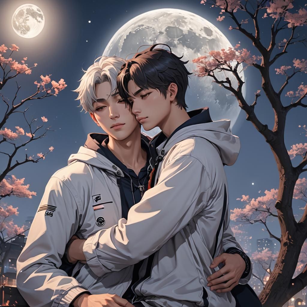 Anime Style: Two Men Cuddling Under Moon