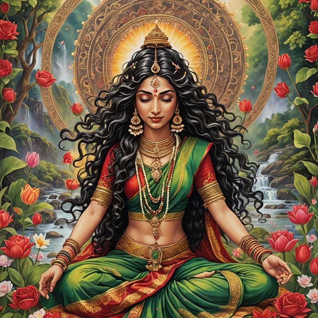 Radiant Hindu Goddess Dancing in Cosmic Landscape