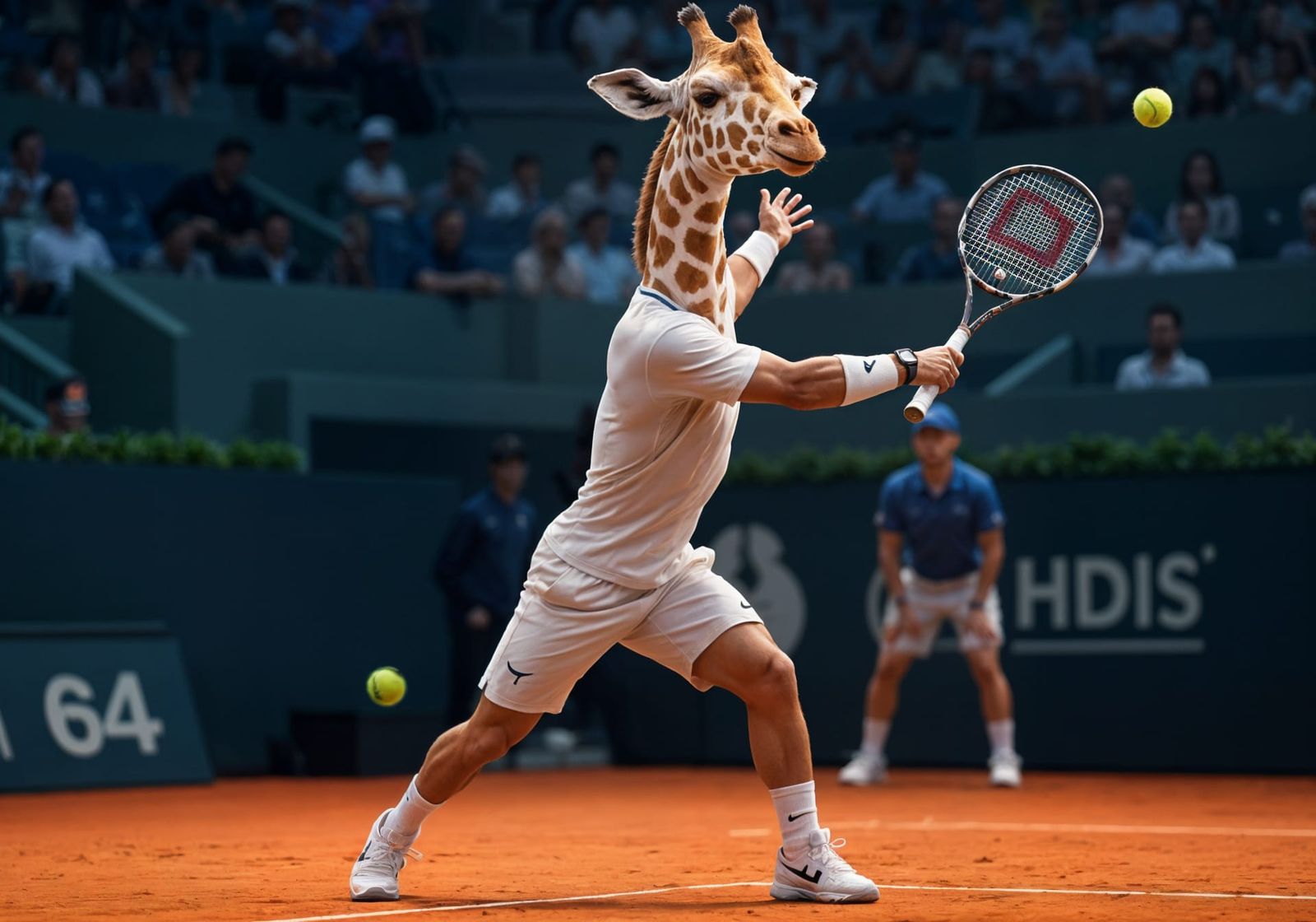 Anthropomorphic Giraffe Plays Tennis in Photorealistic Style