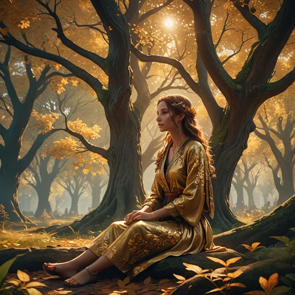 Serene Figure in Sunlit Fantasy Landscape