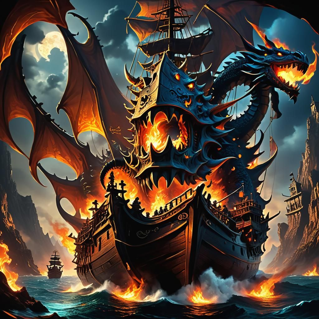 Pirate Ship Sailing Inside a Dragon's Mouth