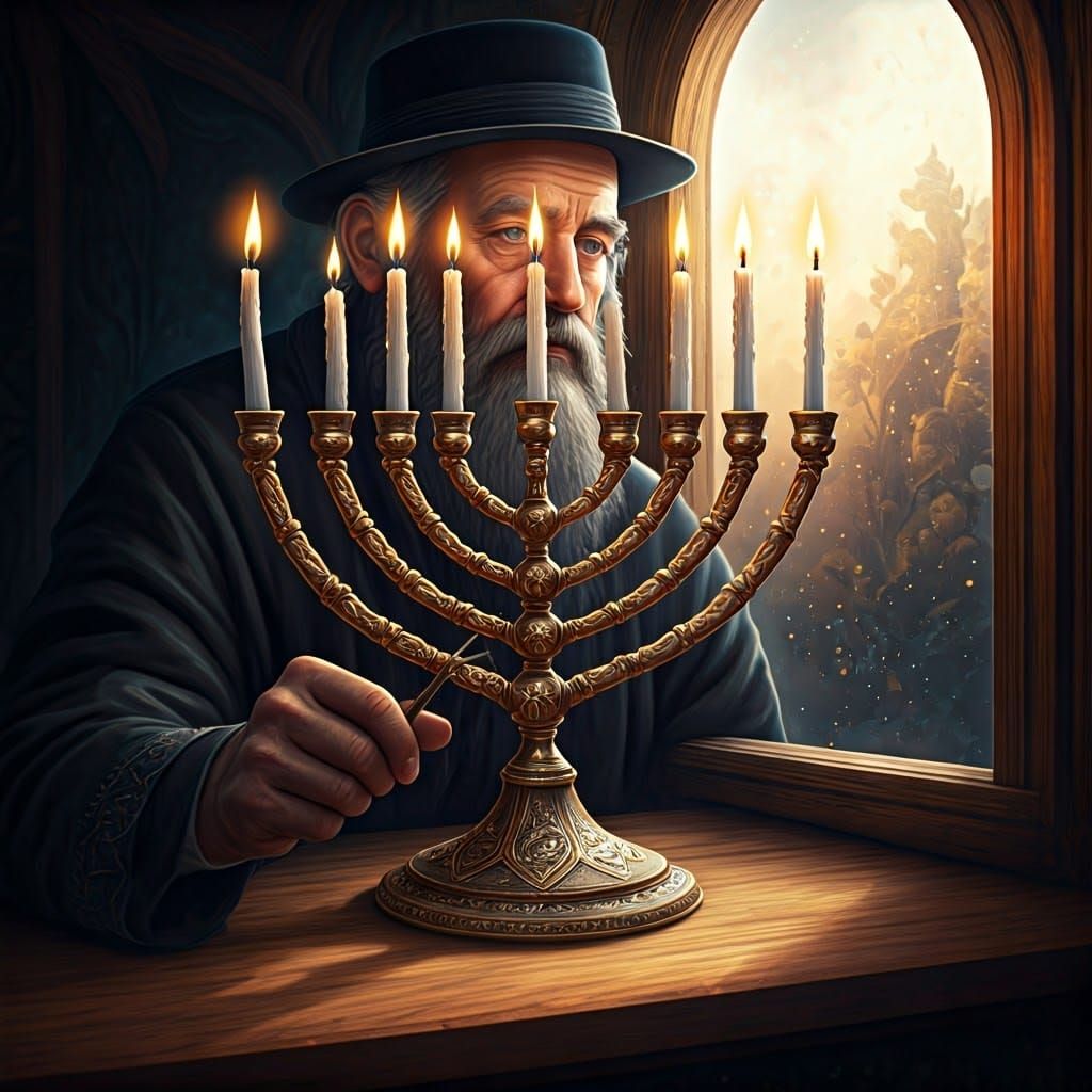 Golden Menorah Lit with Luminous Pearls, Fantasy Art