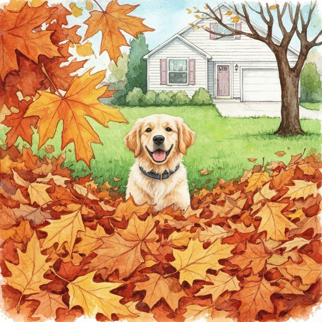 Whimsical Watercolor Autumn Scene With Golden Retriever Pupp...