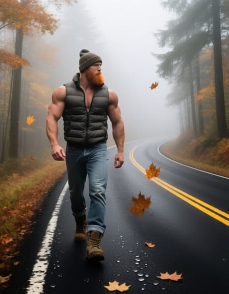 Muscular Hiker in Foggy Autumn Forest