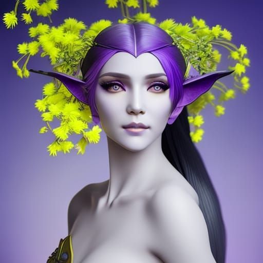 Elven Woman Portrait with Black Horns, Digital Art