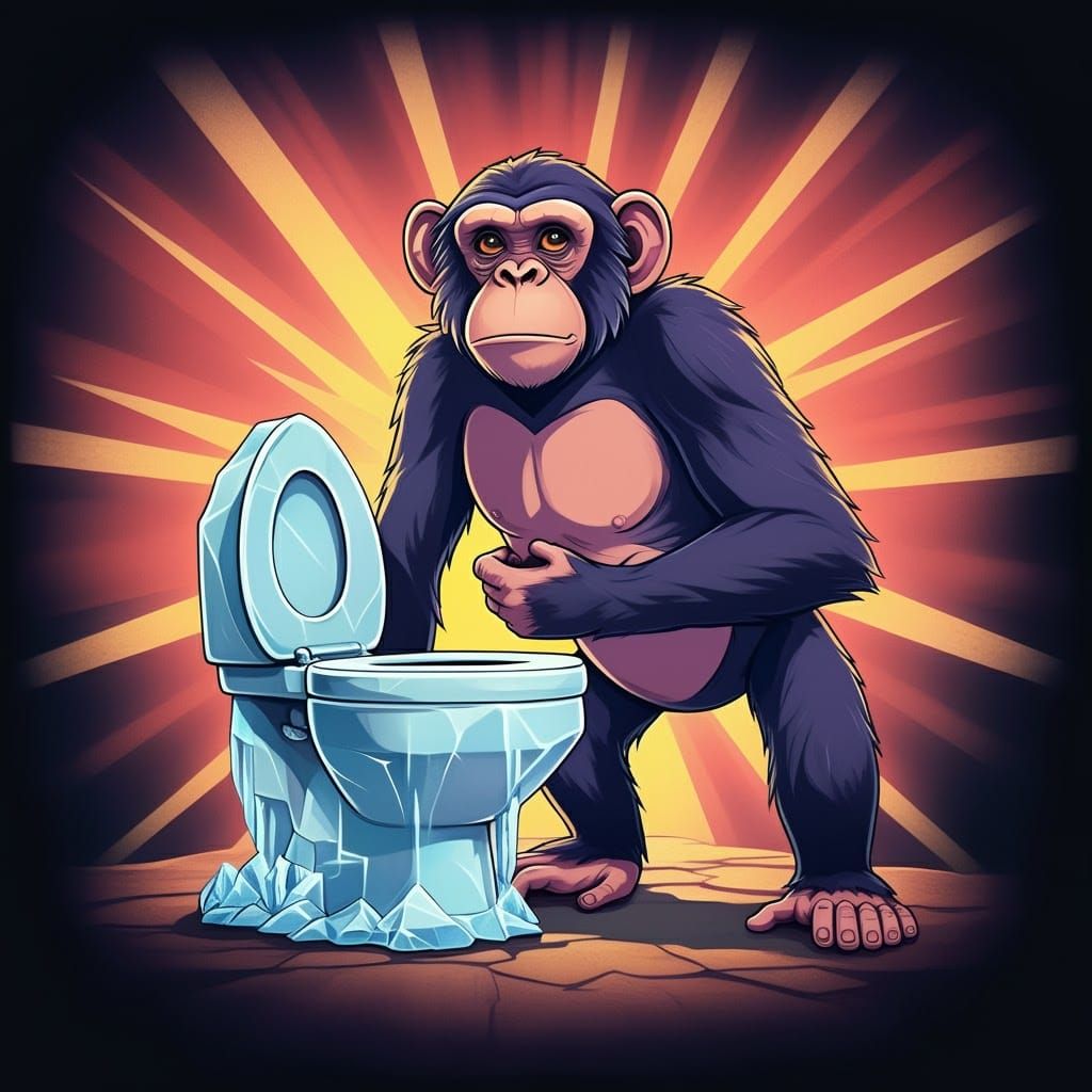 Anxious Purple Chimp and Ice Toilet in Cartoon Style