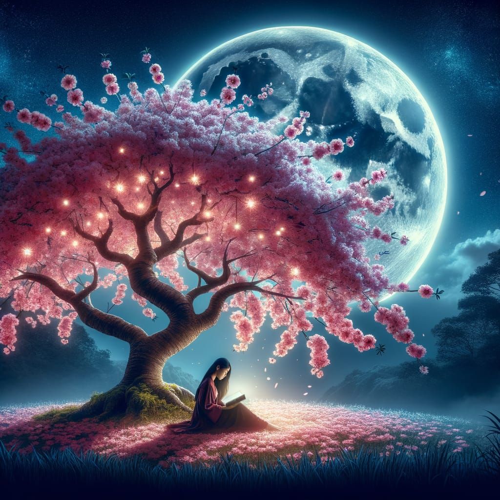 Blossoming Sakura Tree in Lunar Glow