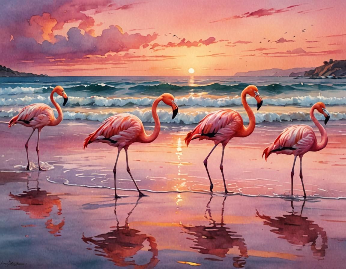 Pink Flamingos at Beach in Digital Watercolor