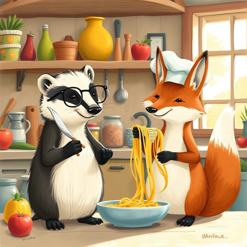 Whimsical Kitchen Scene with Anthropomorphic Animals