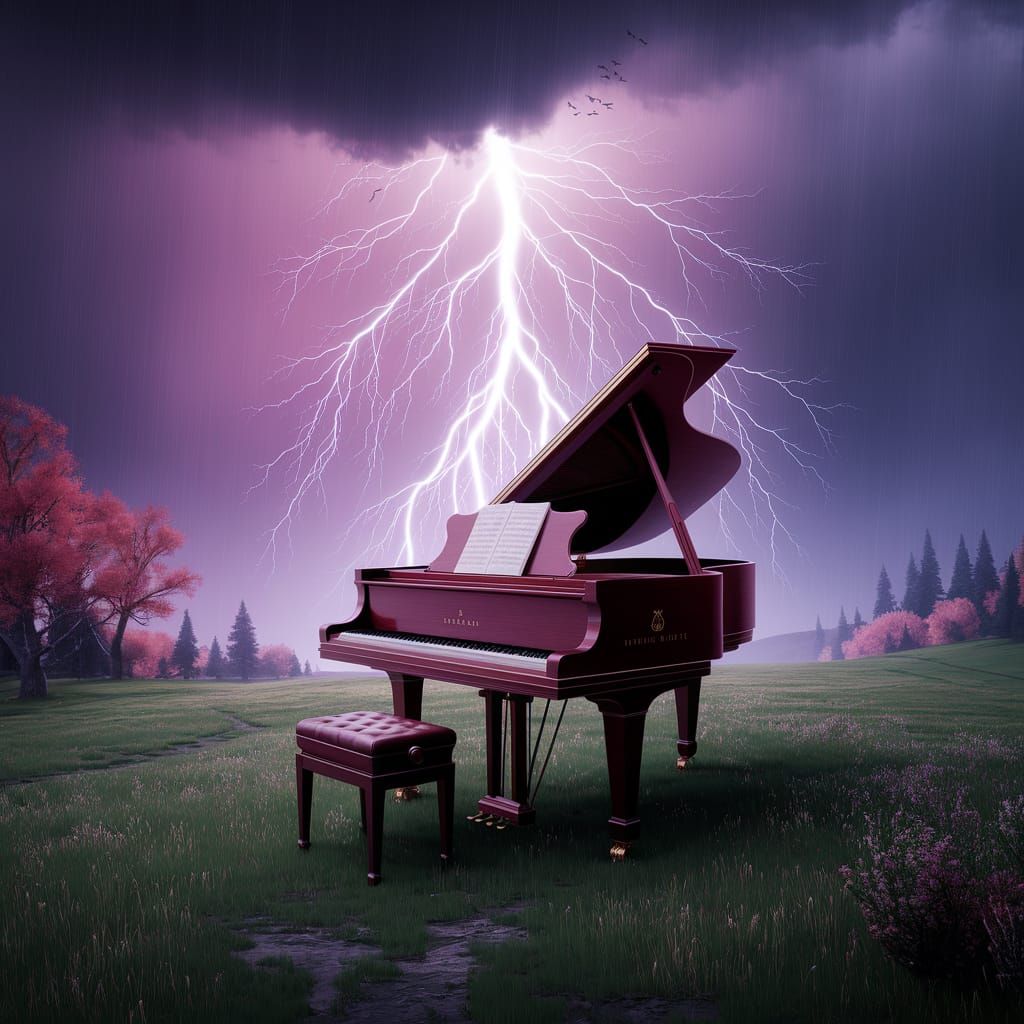 Piano on Hilltop During Thunderstorm: Digital Art