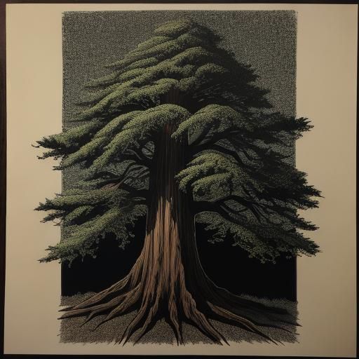 Redwood Tree Lithograph with Black Outline