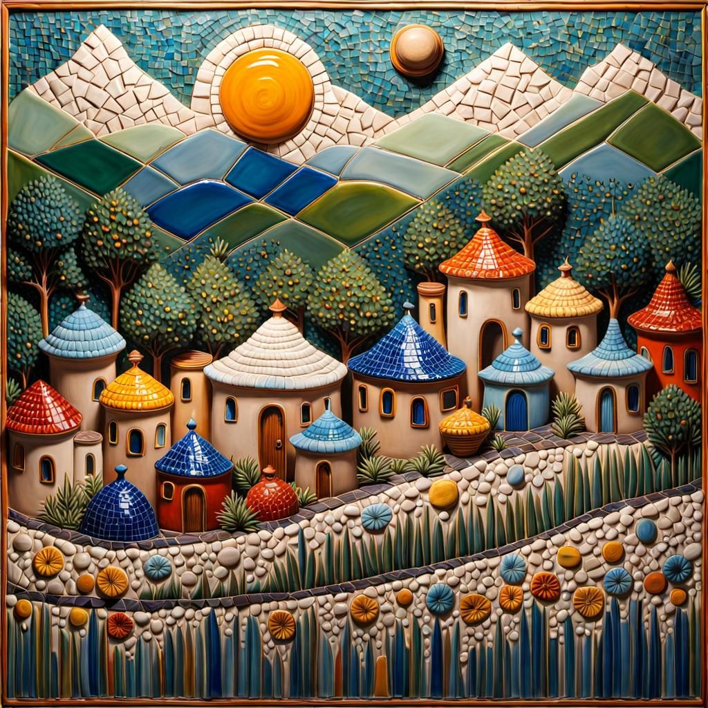 Colorful Ceramic Town in Hyperrealistic Style