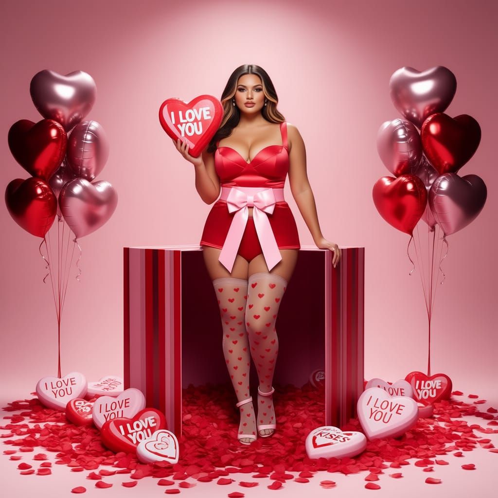 Woman Emerging from Gift Box Holding Love Heart