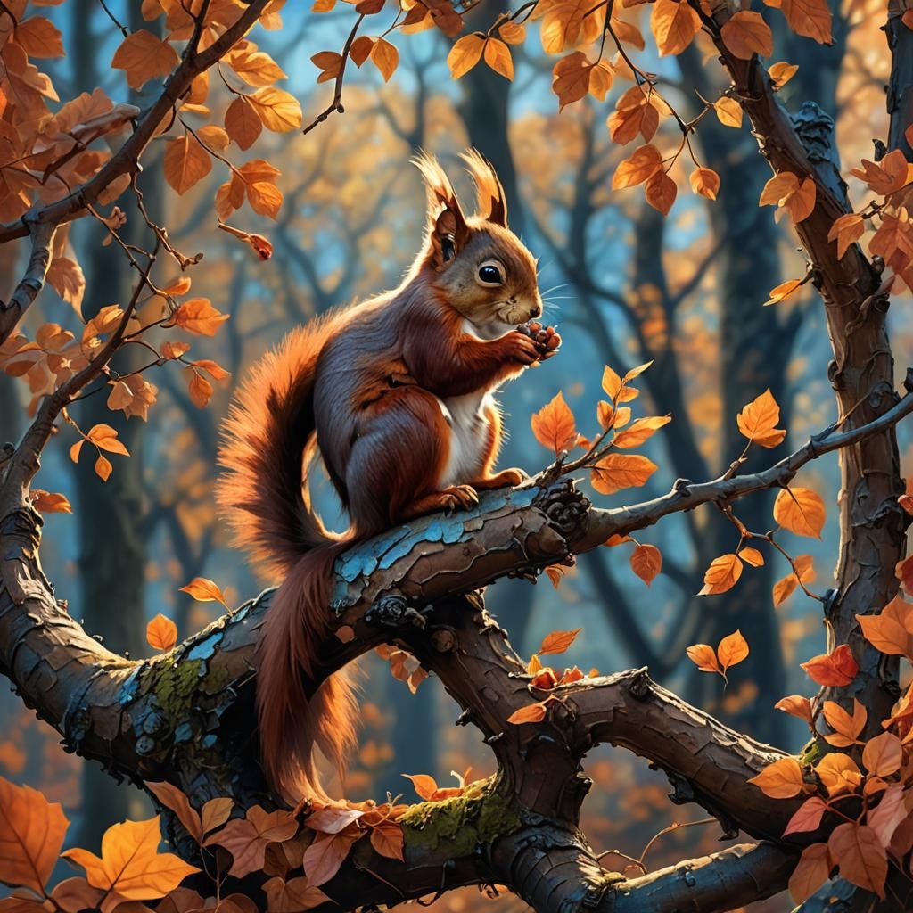 Whimsical Squirrel in Autumn Fantasy Landscape