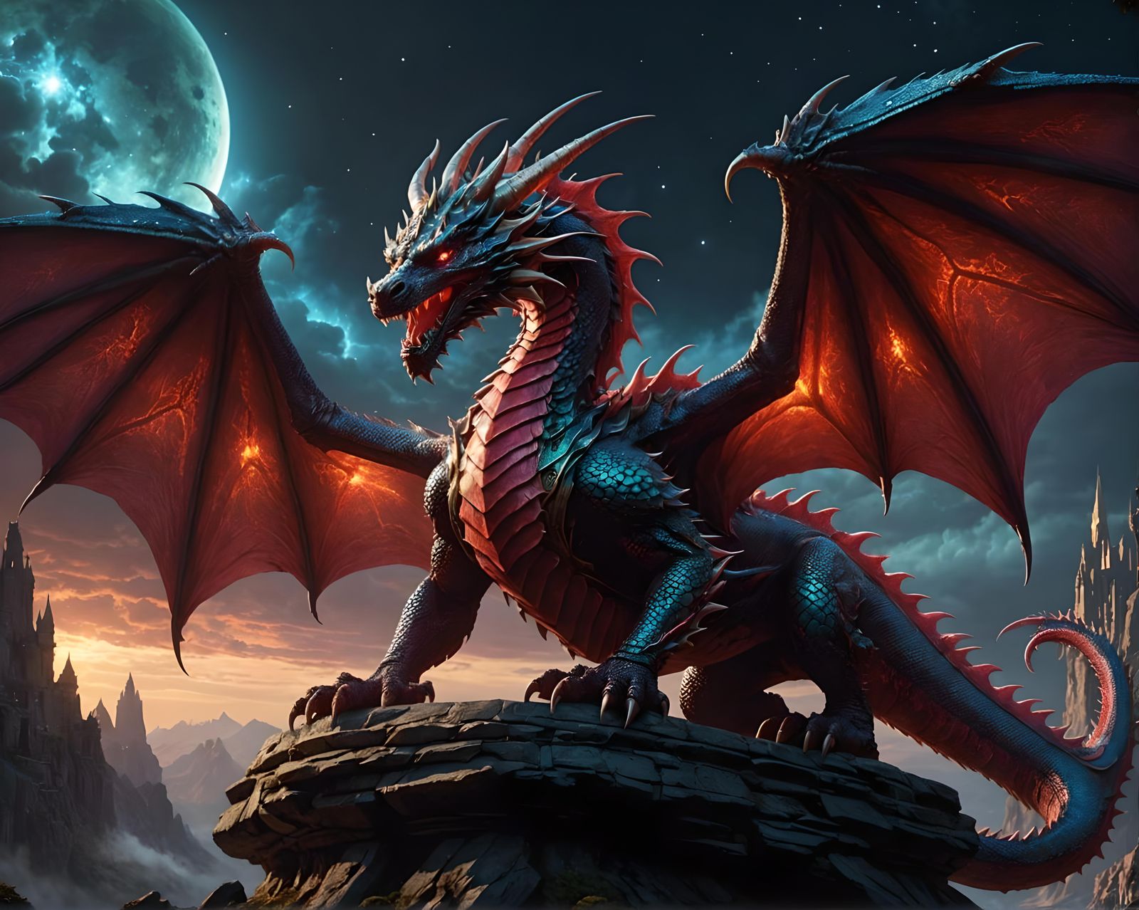 Iridescent Red Dragon in Cosmic Dark Fantasy Art