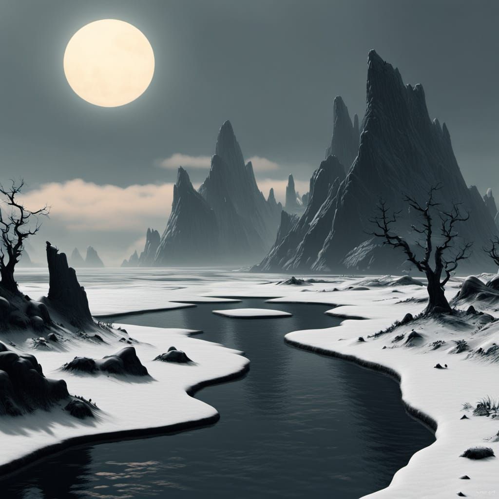 Melancholic Winter Seascape in Retrofuturist Romanticism