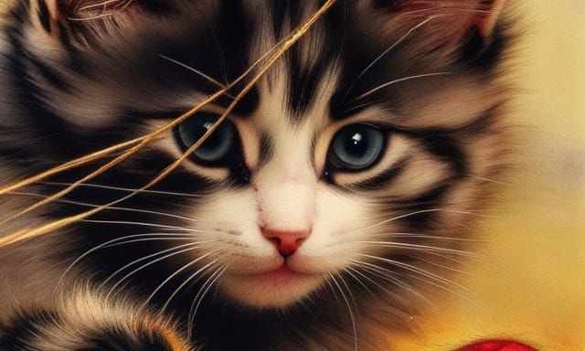 Cute Kitten with Yarn: Watercolor Fantasy Art