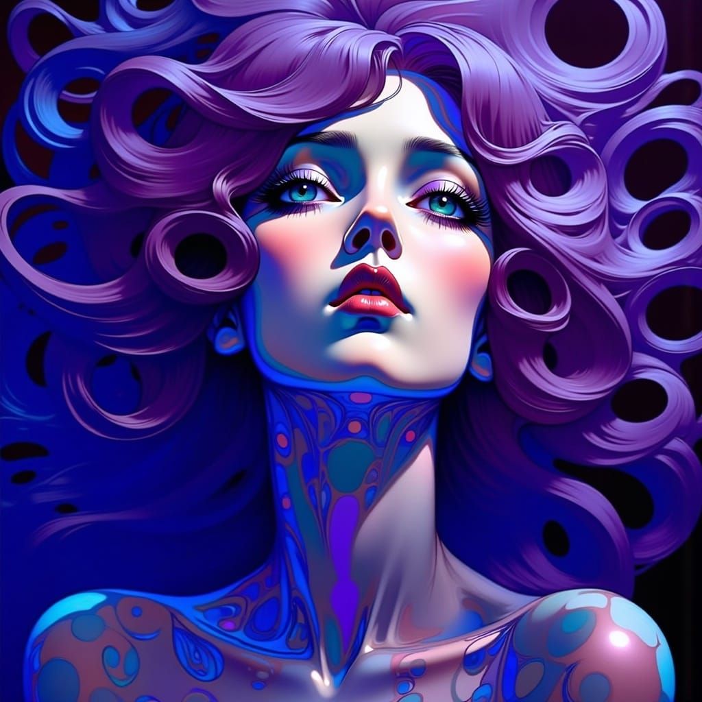 Psychedelic Art Nouveau Portrait in Iridescent Blues and Pur...