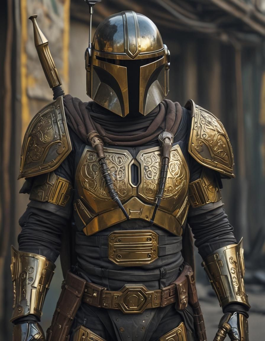 Ornate Mandalorian Warrior in Sci-Fi Slums