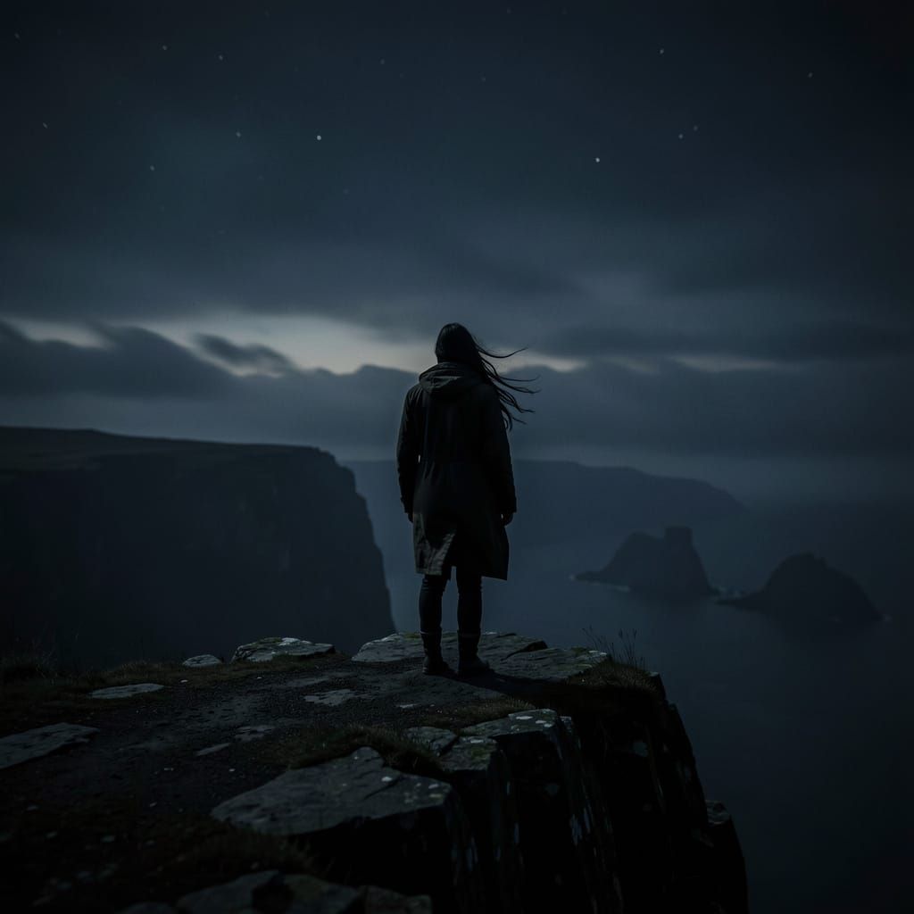Lone Figure on Dark Cliff Edge in Dramatic Light