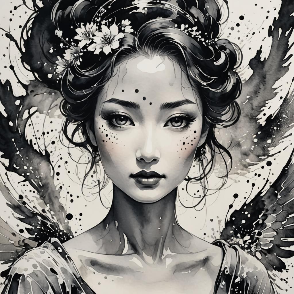 Elegant Woman in Sumi-e Ink Art Style