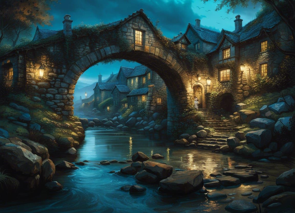 Ancient Stone Bridge at Night in Detailed Digital Art