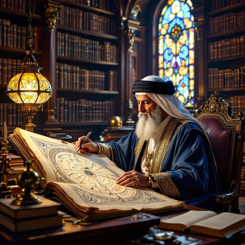 Arabic Scholar Studying Celestial Map with Ornate Details